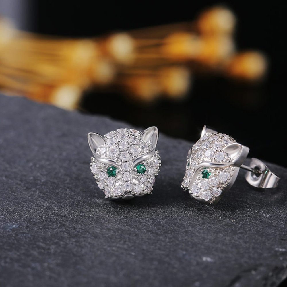 NEW Silver Emerald Diamond Panther Cat Earrings - Picture 6 of 10